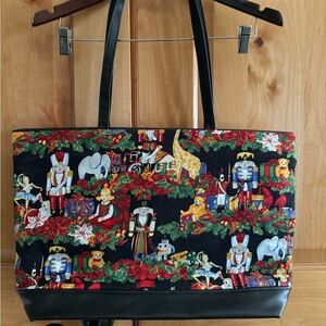 Christmas Tote! Bright Fabric Print Perfect For The Holidays. Black/Red